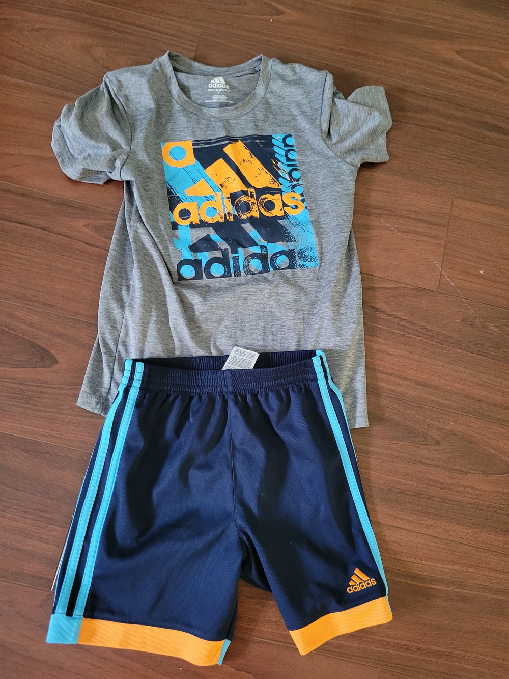 adidas Grey Tee with Blue and Orange Logo & Navy Shorts with Aqua Stripes